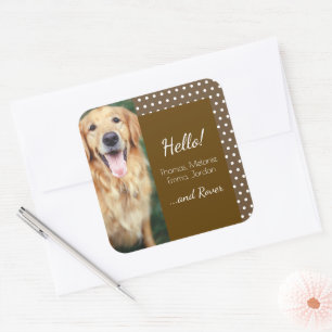 Dog Photo and Family Name Polka Dot Brown Square Sticker