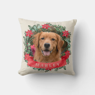 Dog Photo and Name Poinsettia Wreath Holiday Plaid Cushion