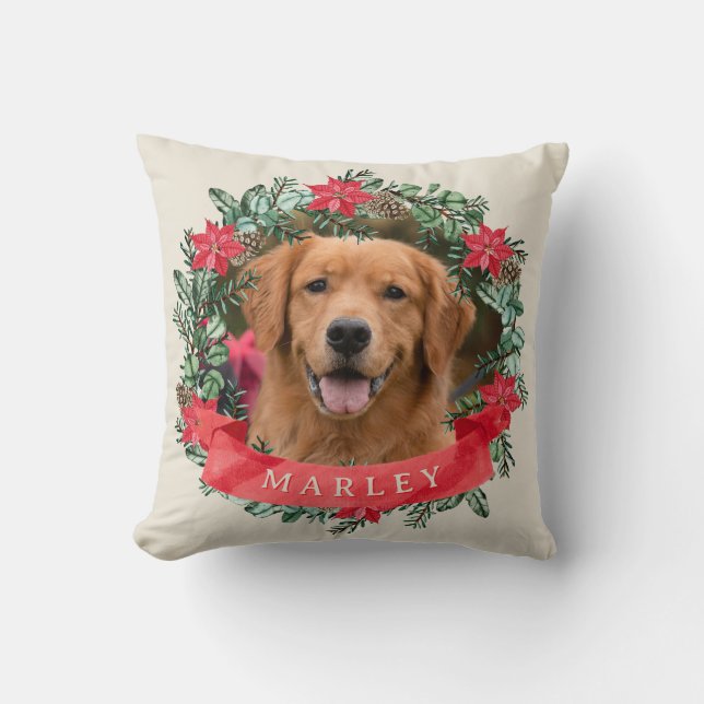 Dog Photo and Name Poinsettia Wreath Holiday Plaid Cushion (Front)