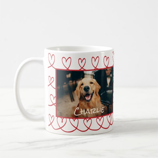 Dog Photo and Name Red Hand-Drawn Heart Pattern Coffee Mug (Left)