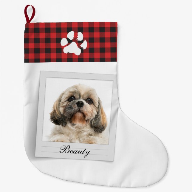 Dog Photo and Paw Pet Owner Personalised Large Christmas Stocking (Front)
