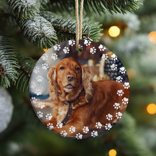 Dog Photo and Paw Prints Pet Lover Holiday Keepsak Ceramic Ornament
