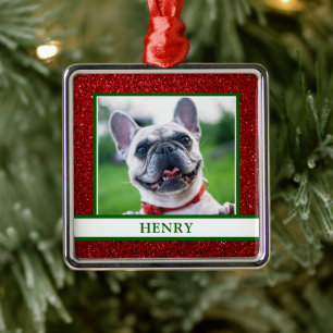 Dog Photo Christmas Red Glitter Name Metal Ornament