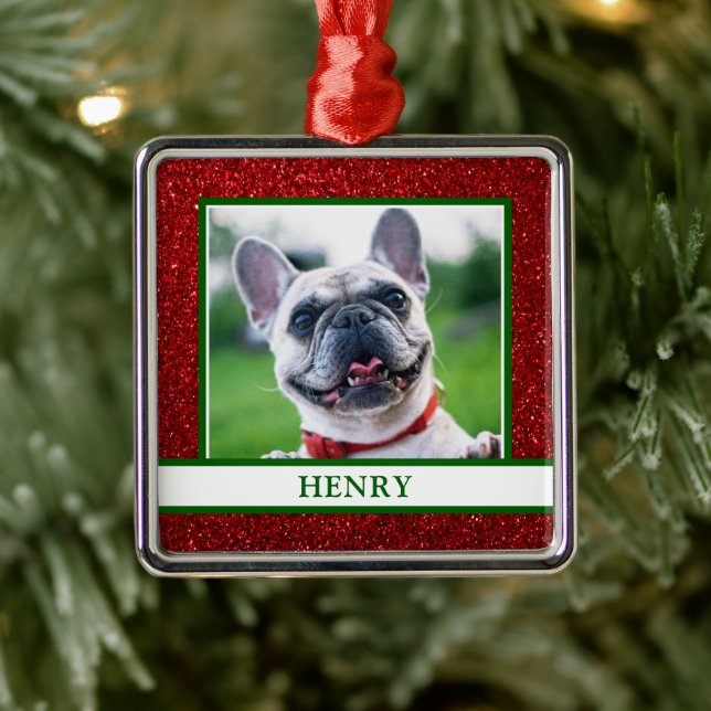 Dog Photo Christmas Red Glitter Name Metal Ornament (Tree)