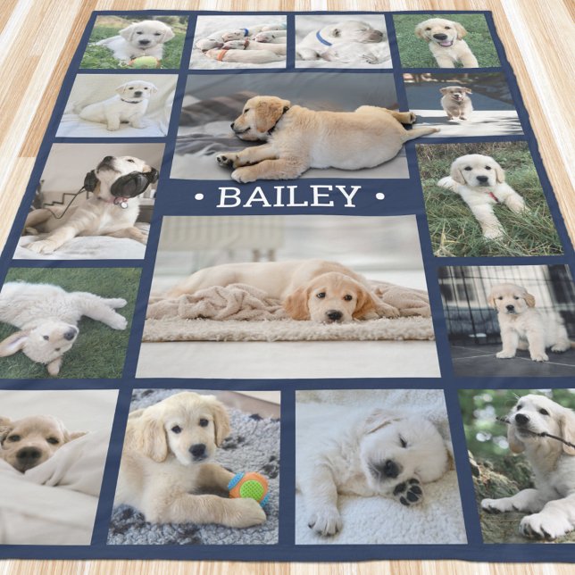 Dog Photo Collage Cute Modern Navy Blue and White Fleece Blanket (Creator Uploaded)