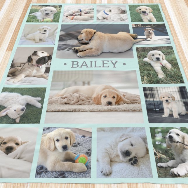 Dog Photo Collage Cute Modern Teal Blue and Grey Fleece Blanket (Creator Uploaded)