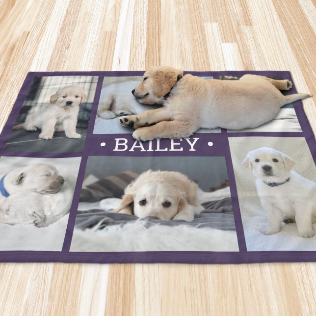 Dog Photo Collage Cute Simple Purple and White Fleece Blanket (Creator Uploaded)