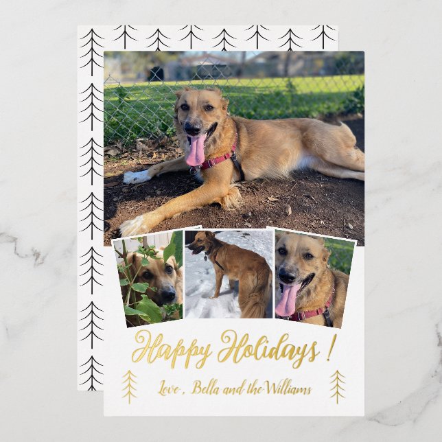 Dog Photo Collage Gold Foil White Holiday Card (Front/Back)