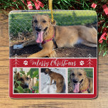 Dog Photo Collage Red Christmas Ornament<br><div class="desc">Creating this fun dog photo collage Christmas ornaments is easy . Replace the photos with your own pet's pictures (For best results , the first one is a rectangular image and the 3 bottom ones are square .) On the back your can write your own message or simply keep this...</div>