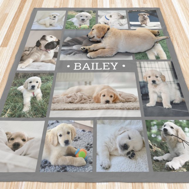 Dog Photo Collage Simple Modern Grey and White Fleece Blanket (Creator Uploaded)