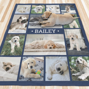 Dog Photo Collage Simple Modern Navy Blue & White Fleece Blanket