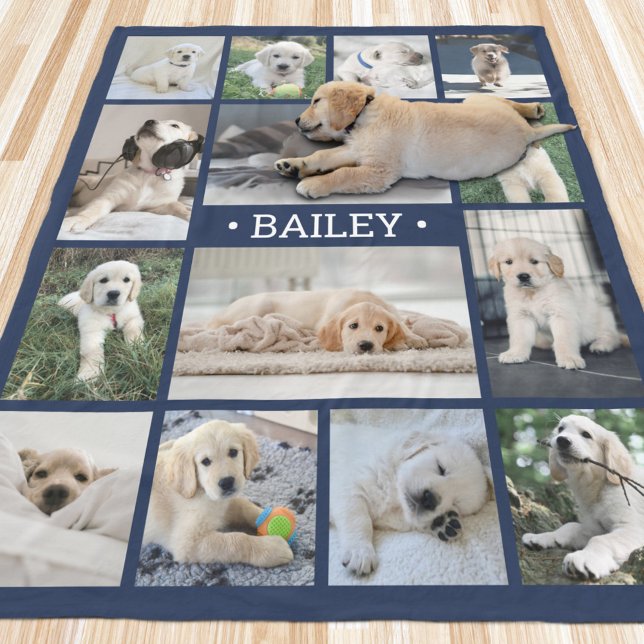 Dog Photo Collage Simple Modern Navy Blue & White Fleece Blanket (Creator Uploaded)