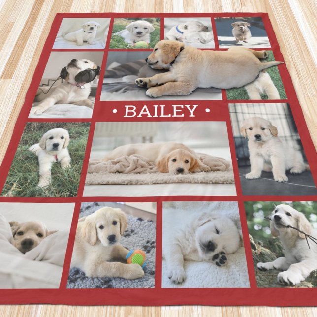 Dog Photo Collage Simple Modern Red and White Fleece Blanket (Creator Uploaded)