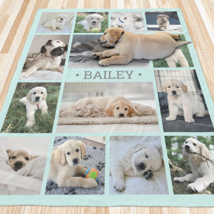 Dog Photo Collage Simple Modern Teal Blue and Grey Fleece Blanket