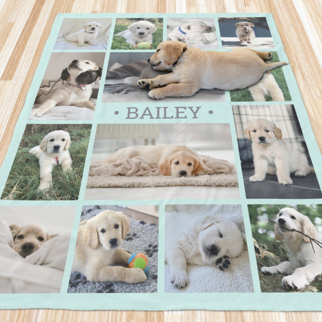 Dog Photo Collage Simple Modern Teal Blue and Grey Fleece Blanket (Creator Uploaded)