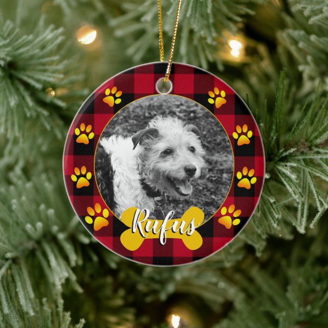 Dog photo, family puppy, bone, paws, buffalo Plaid Ceramic Ornament (Tree)