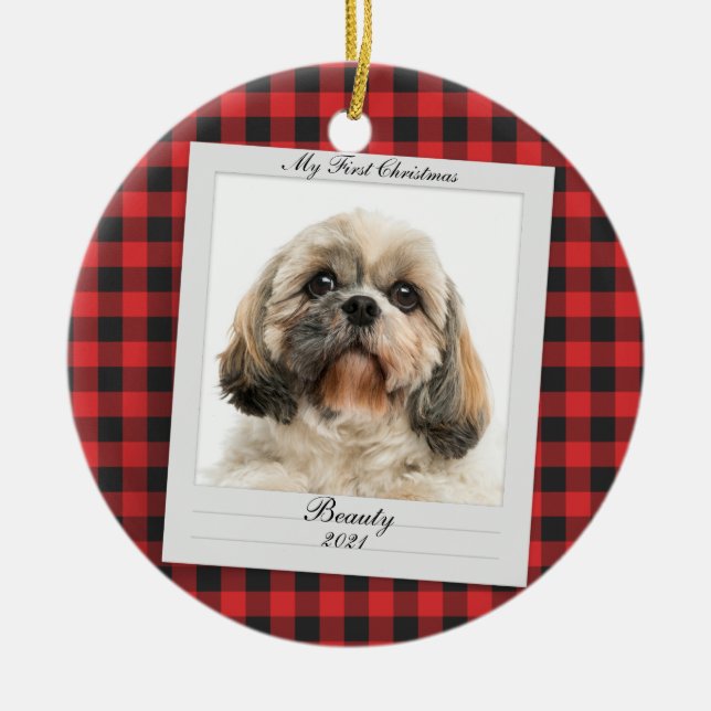 Dog Photo First Christmas Pet Name Year Custom Ceramic Ornament (Front)