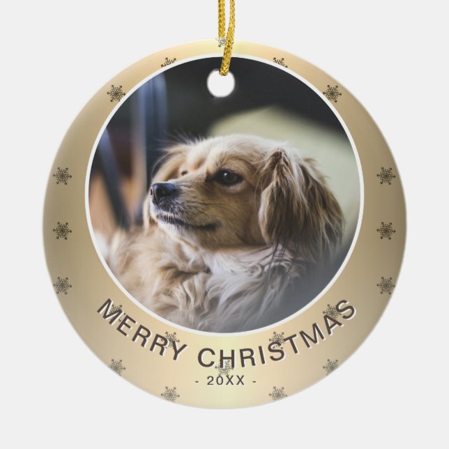 Dog Photo Golden Snowflake Metallic Christmas  Ceramic Ornament (Front)