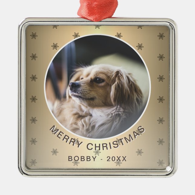 Dog Photo Golden Snowflake Metallic Christmas Metal Ornament (Front)