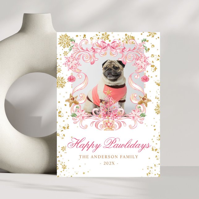 Dog Photo Happy Pawlidays Pink Bow Christmas Crest Holiday Card (Creator Uploaded)