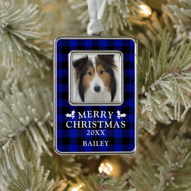 Dog Photo Merry Christmas Blue Buffalo Check  Silver Plated Framed Ornament (Tree)
