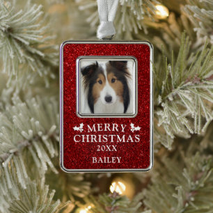 Dog Photo Merry Christmas Red Glitter Name Silver Plated Framed Ornament