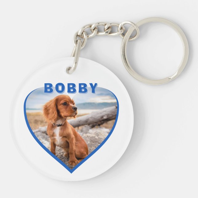 Dog Photo Name Blue Heart Dog Key Ring (Back)