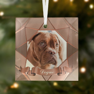 Dog Photo Name Geometric Glass Ornament
