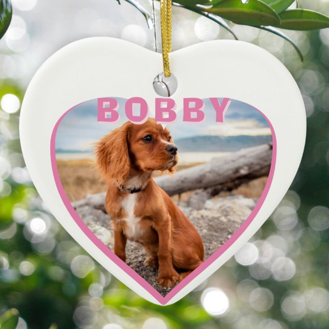 Dog Photo Name Pink Heart Dog Owner Keepsake Ceramic Ornament (Creator Uploaded)