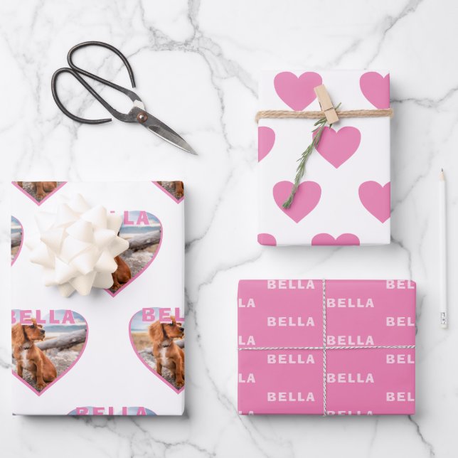 Dog Photo Name Pink Heart Pet Wrapping Paper Sheet (Front)