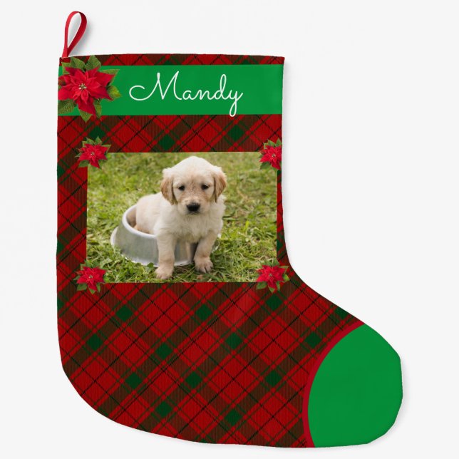 Dog Photo & Name Pretty Plaid Red Green Large Christmas Stocking (Front)