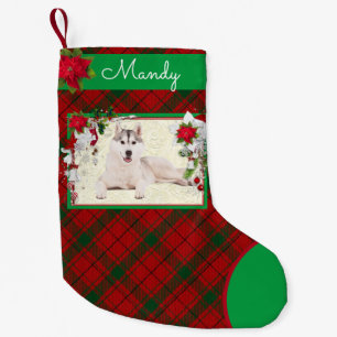 Dog Photo & Name Pretty Plaid Red Green Small Christmas Stocking