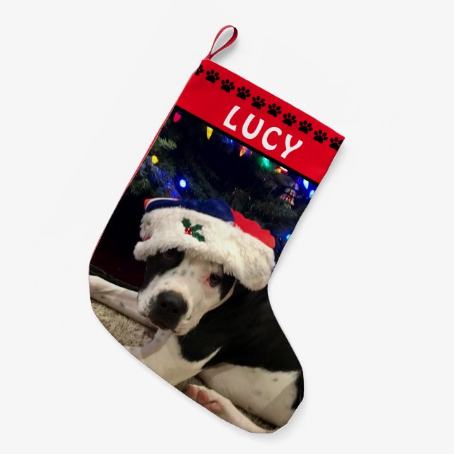 Dog Photo & Name | Red Black Paw Prints Small Christmas Stocking (Front (Hanging))