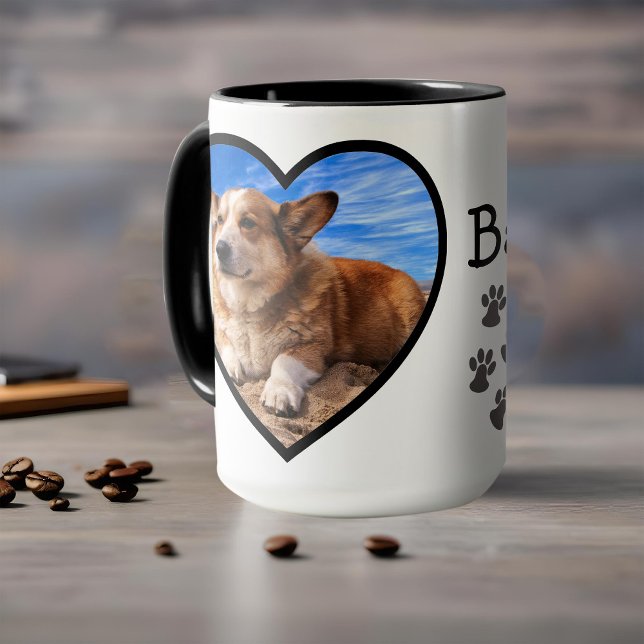 Dog Photo & Name Valentine Heart Frame & Paw Print Mug (Pawprints mug personalized with your dog's name and photo in a heart frame)