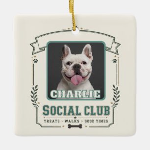 Dog Photo & Name Vintage Social Club Ceramic Ornament