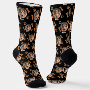 Dog Photo & Name, with Bones & Paw Prints on Black Socks