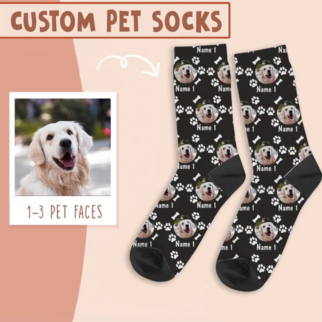 Dog Photo & Name, with Bones & Paw Prints on Black Socks (Creator Uploaded)