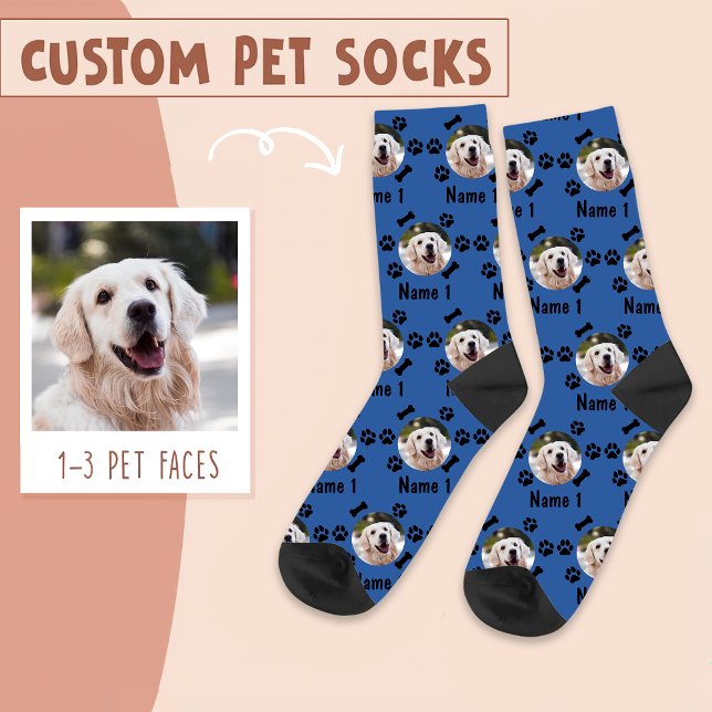 Dog Photo & Name, with Bones & Paw Prints on Blue Socks (Creator Uploaded)