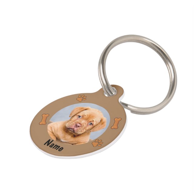 Dog Photo & Name, with Bones & Paw Prints on Brown Pet Tag (Side)
