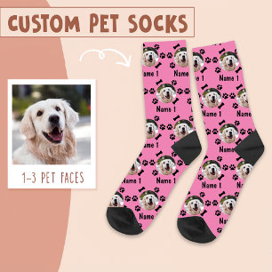 Dog Photo & Name, with Bones & Paw Prints on Pink Socks