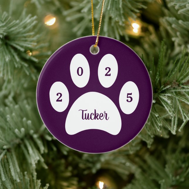 Dog Photo Name Year White Paw Print Purple Ceramic Ornament (Tree)