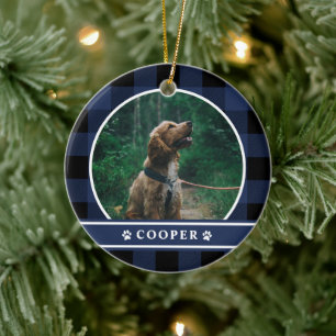 Dog Photo Navy Blue Plaid Tartan Ceramic Ornament