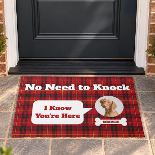 Dog Photo No Need To Knock Red Tartan Plaid  Doormat