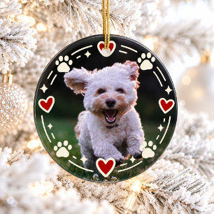 Dog Photo Paw Print Red Heart Christmas Ceramic Ornament