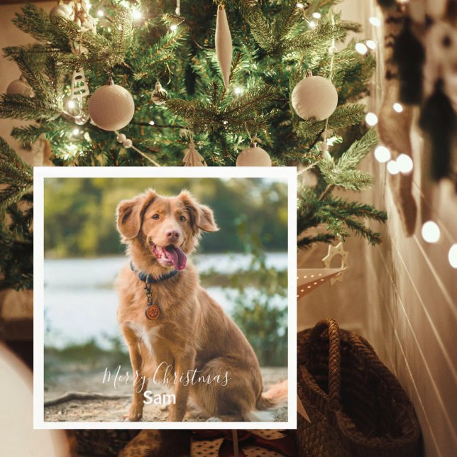 Dog Photo Personalized Merry Christmas Cocktail Napkin (Creator Uploaded)