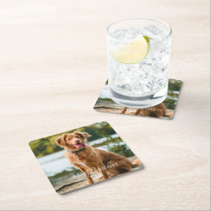Dog Photo Personalized Merry Christmas Square Paper Coaster