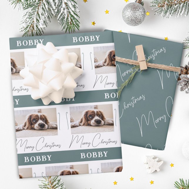 Dog Photo Pet Family Minimalist Merry Christmas  Wrapping Paper Sheet (Creator Uploaded)