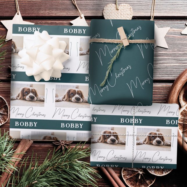 Dog Photo Pet Family Minimalist Merry Christmas  Wrapping Paper Sheet (Creator Uploaded)