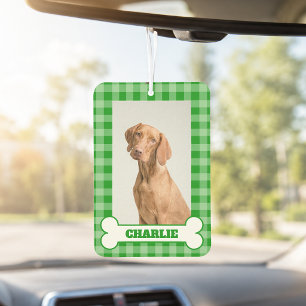 Dog Photo Pet Name in Bone on Green Gingham Plaid Car Air Freshener