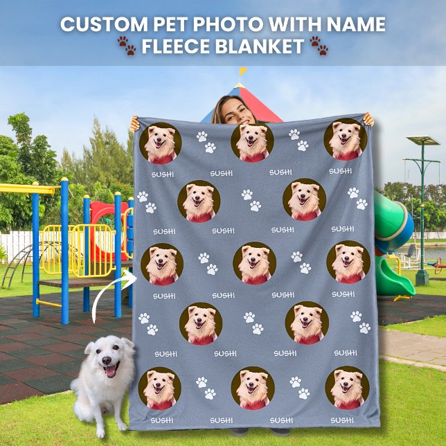 Dog Photo Pet Name Paw Prints Grey Fleece Blanket (Your Dogs Photo and Name Custom Pet Photo Personalized Name Collage Fleece Blanket Dog Lovers)